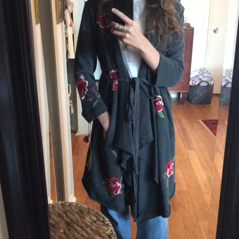 JOHNNY WAS NWT embroidered open cardigan sweater duster coat with tie belt